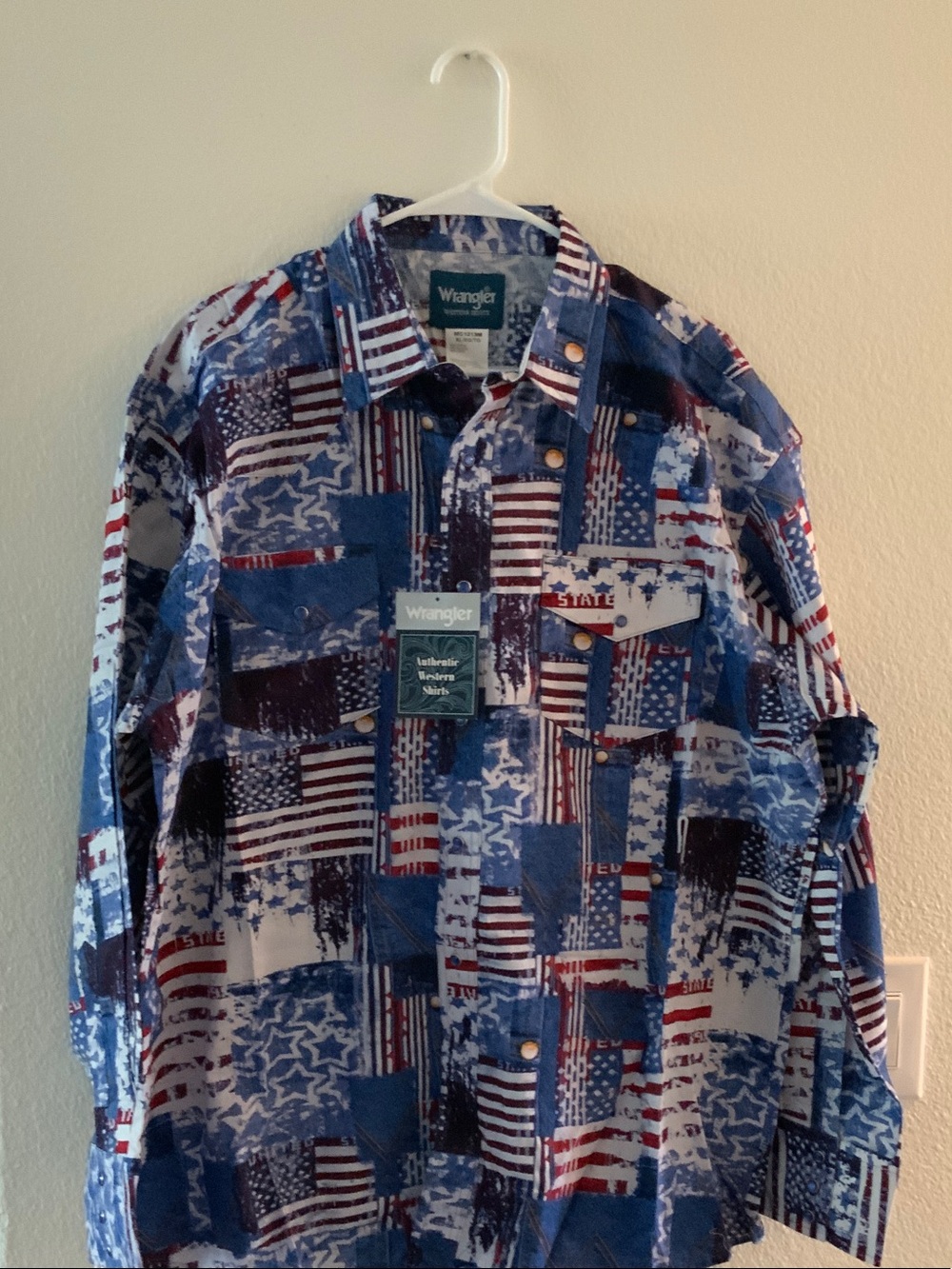 Wrangler Patriotic Blue Red White Patchwork Western Shirt